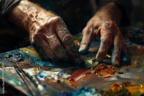 Hands of an artist deeply immersed in creative work, smeared with beautiful stains of colorful oil paints © ChaoticMind