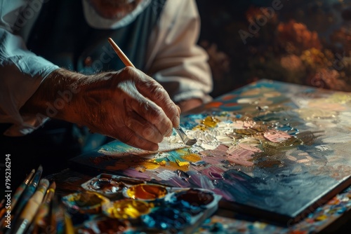 An artist meticulously adds color to the canvas  bringing life to his creation with a vivid palette of oil paints