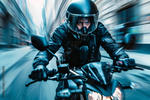 Dynamic capture of a motorcyclist speeding with motion blur effect, highlighting speed and motion in an urban setting photo