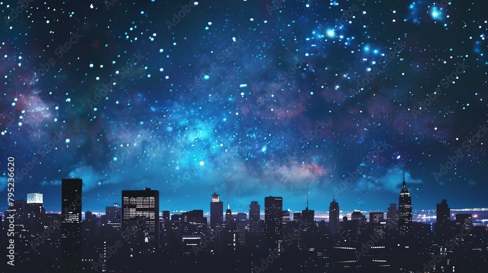A starry sky over a city at night