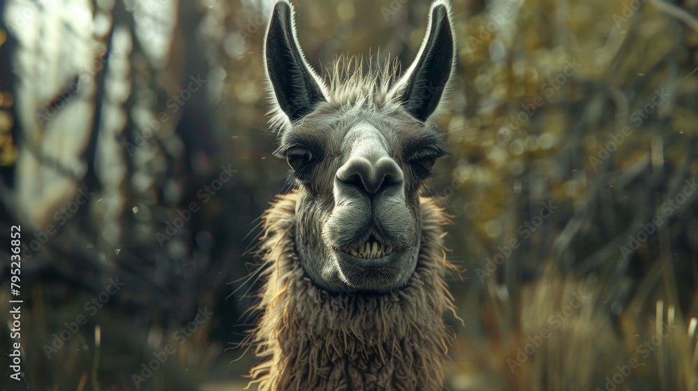 A llama stands amid the lush green grass