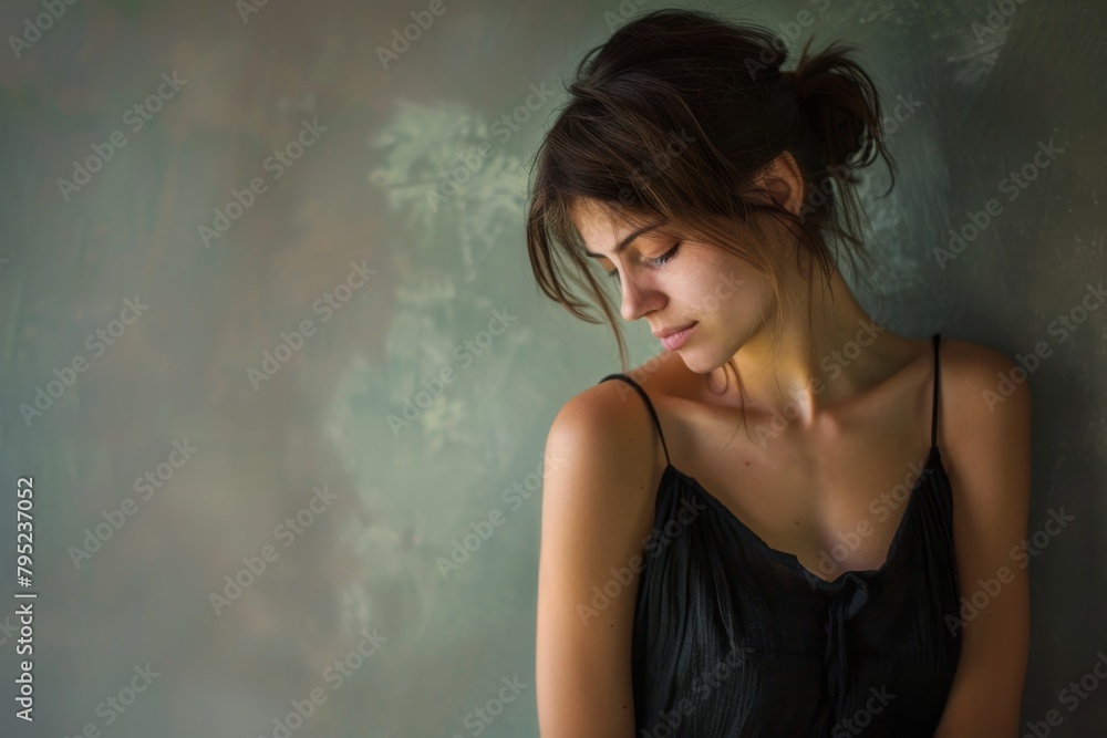 Image portraying a lone woman facing a textured green painted wall Image portraying a lone woman facing a textured green painted wall