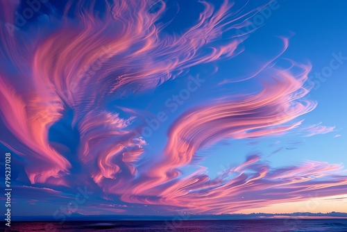 Majestic, surreal pink clouds swirl across the twilight sky in a mesmerizing dance, evoking beauty and the passage of time