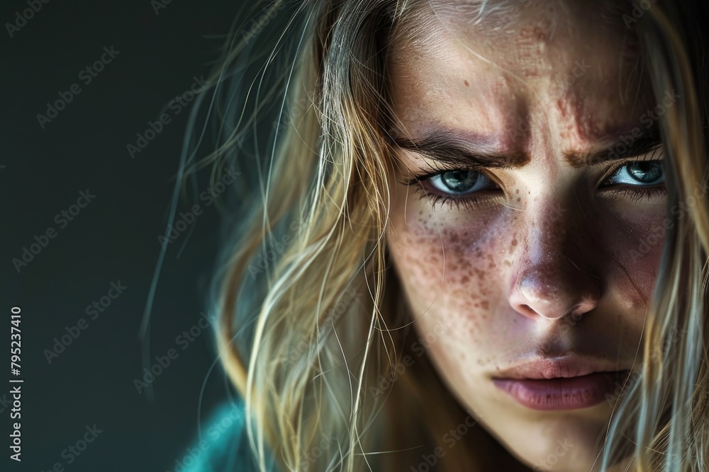 Striking image capturing the movement and texture of flowing blonde hair with a dark, contrasted background Striking image capturing the movement and texture of flowing blonde hair with a dark, contrasted background