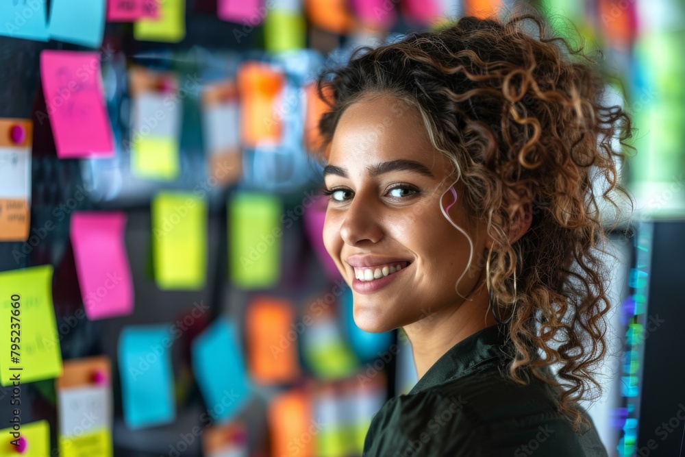 An upbeat portrait of a smiling curly-haired woman in front of a vibrant sticky note background