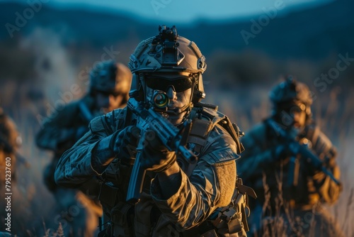 A group of soldiers in tactical formation clad in military gear against a dusky backdrop creates a strong sense of camaraderie