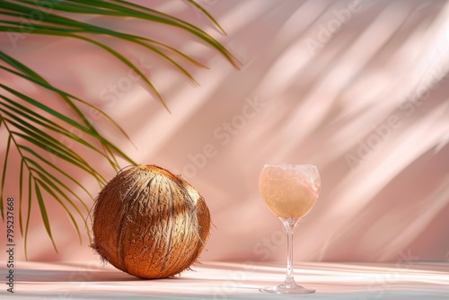 A paradisiacal pink background with coconut, palm branch and a glass of drink. The concept of exotic