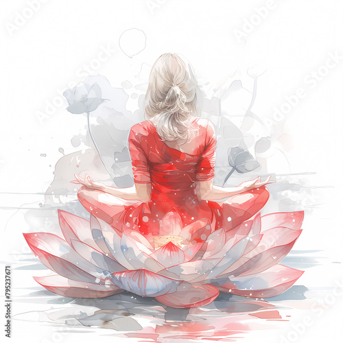 Floating in serenity: A woman meditates on a lotus blossom, painted with watercolor art that evokes tranquility and harmony. photo