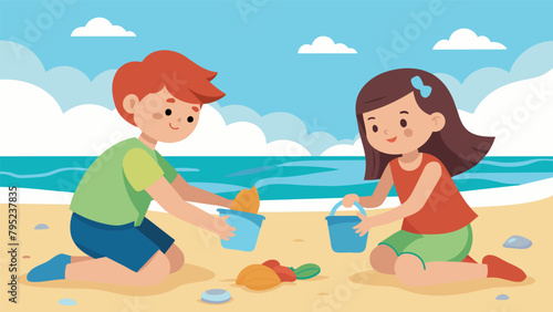 A boy and a girl happily collecting litter from a nearby beach before tucking into a delicious picnic spread while enjoying the sound of the