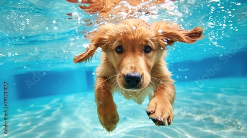 a dog swimming underwater photo