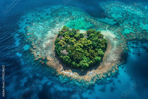 An aerial view of Heart Island surrounded by a vibrant coral reef  teeming with marine life.