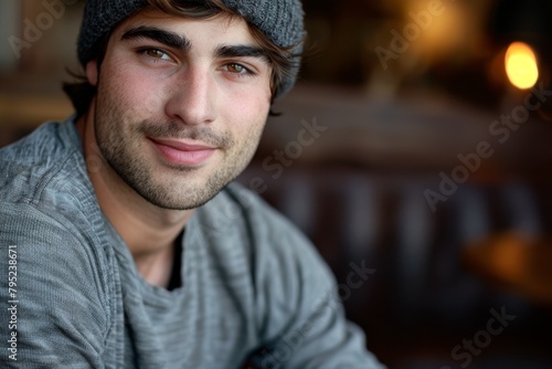 Handsome young man with a gentle smile wearing a beanie, captured in a cozy indoor setting