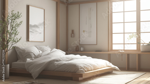Aesthetic bed in a Scandinavian-style bedroom, with a simple wooden frame, soft pastel linens