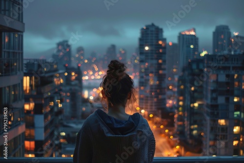 A contemplative woman gazes over a cityscape illuminated by vibrant city lights, capturing a moment of urban solitude