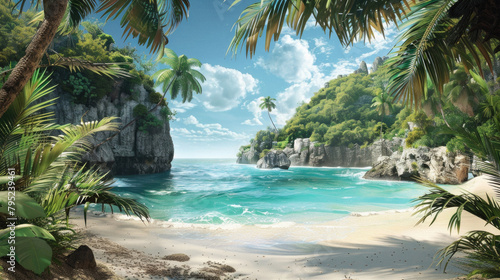 A beautiful beach with palm trees and a clear blue ocean © Art AI Gallery