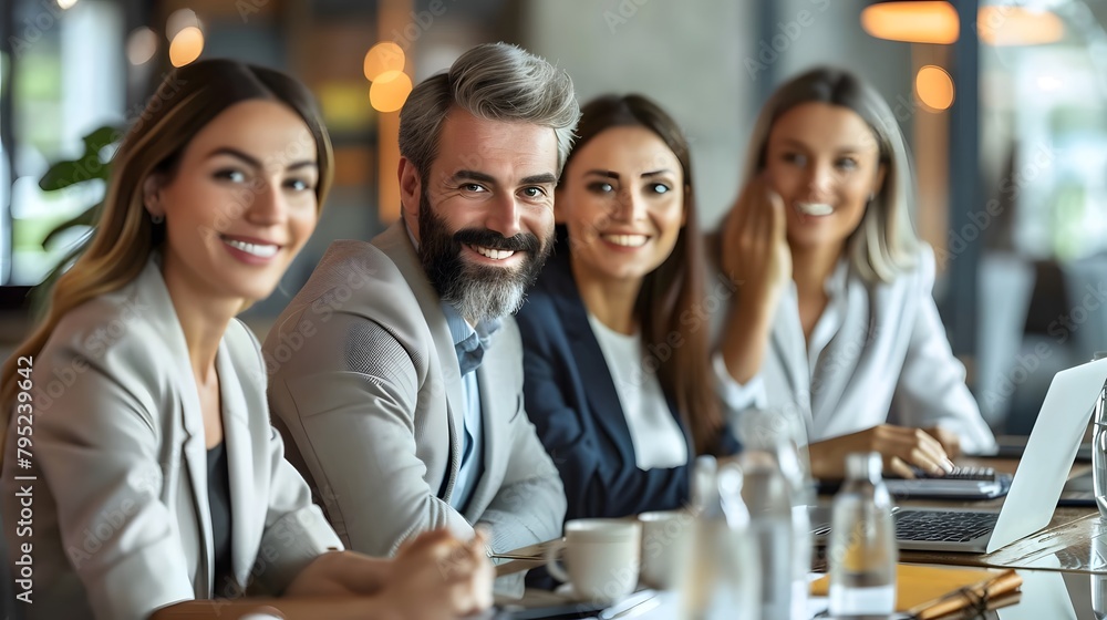 Working group in a boardroom deciding on business strategy. Concept: business, innovation Working group in a boardroom deciding on business strategy. Concept: business, innovation