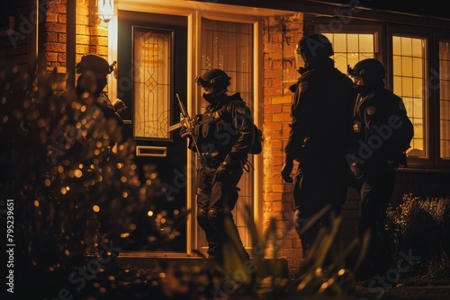 The image showcases a team of tactical officers gathered near a home's front door, potentially preparing for a breach during a nighttime operation