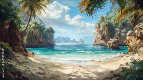 A beautiful beach scene with a clear blue ocean and palm trees in the background