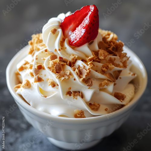 A white bowl full of white whipped cream garnering with strawberry piece and crust photo