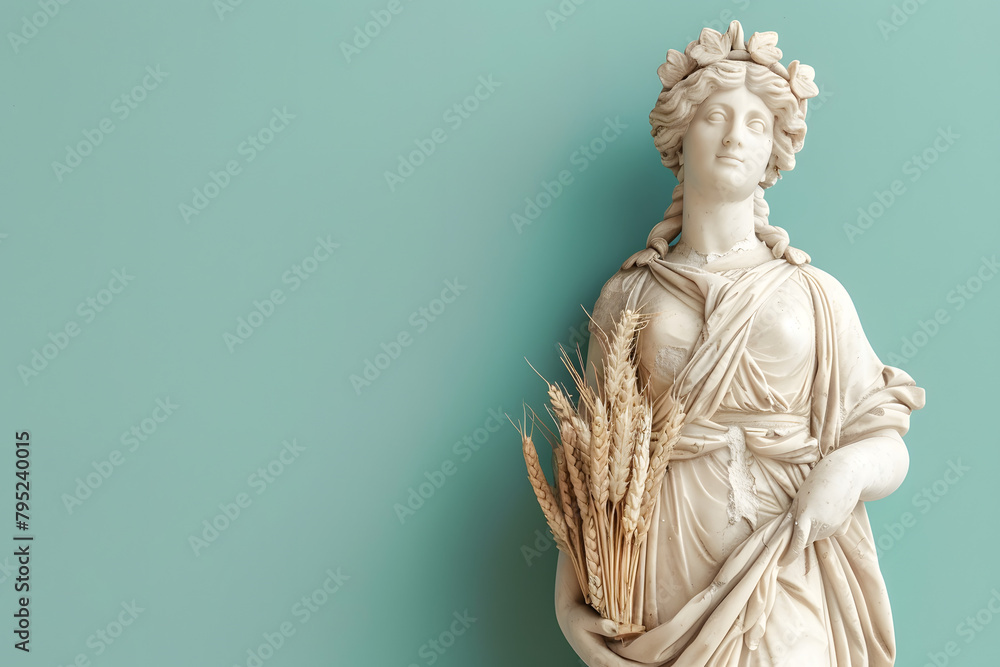 Marble sculpture of a Greek goddess of the harvest, holding sheaves of wheat, isolated on a fertility mint pastel background, symbolizing abundance and nature