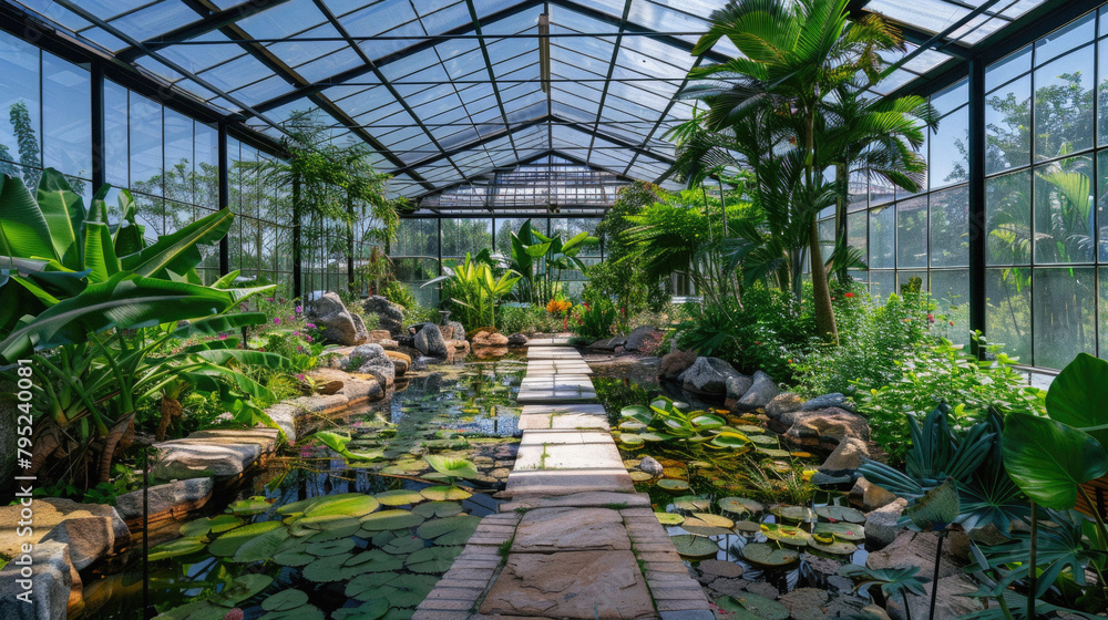 A greenhouse with a path leading through it A greenhouse with a path leading through it