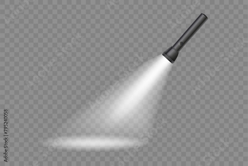 Flashlight on a transparent background. Shine lighting torch. Vector