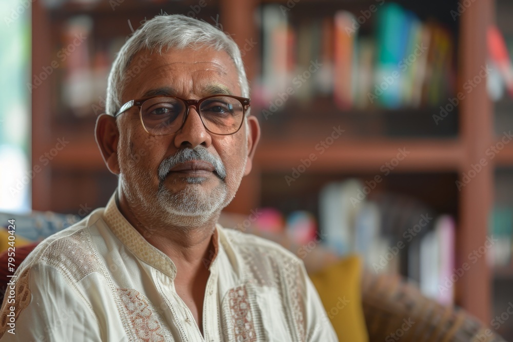 A composed senior South Asian gentleman wearing glasses and traditional apparel with a blurred library background A composed senior South Asian gentleman wearing glasses and traditional apparel with a blurred library background