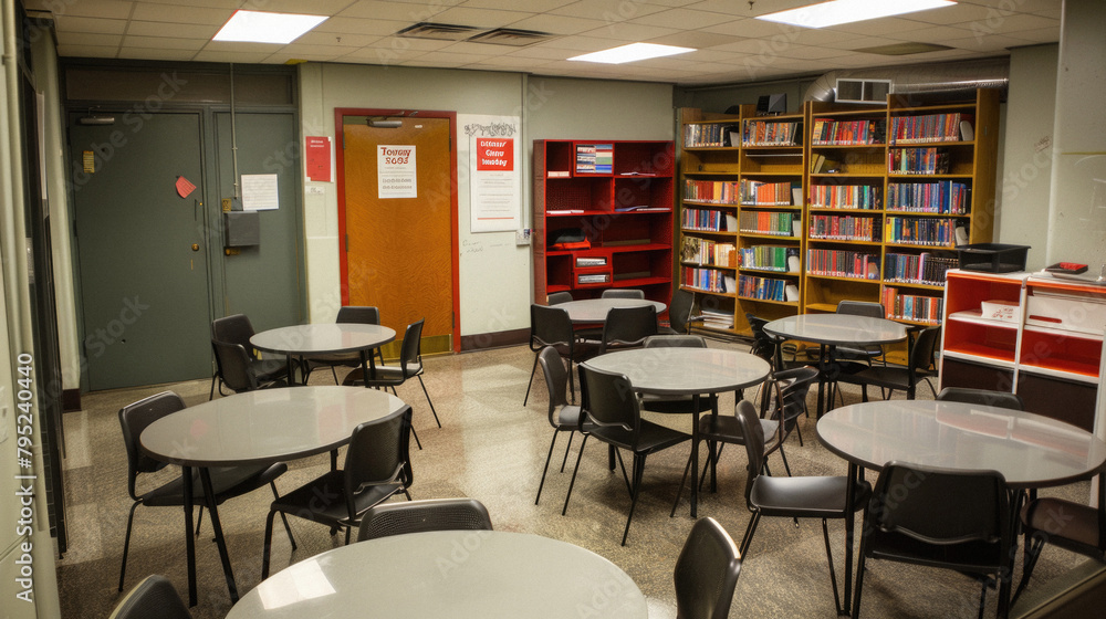 A large room with tables and chairs and a sign that says 