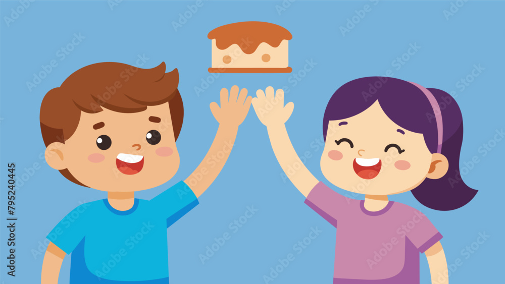Two kids highfiving each other over their shared victory of creating the best peanut butter and jelly sandwich. Two kids highfiving each other over their shared victory of creating the best peanut butter and jelly sandwich.