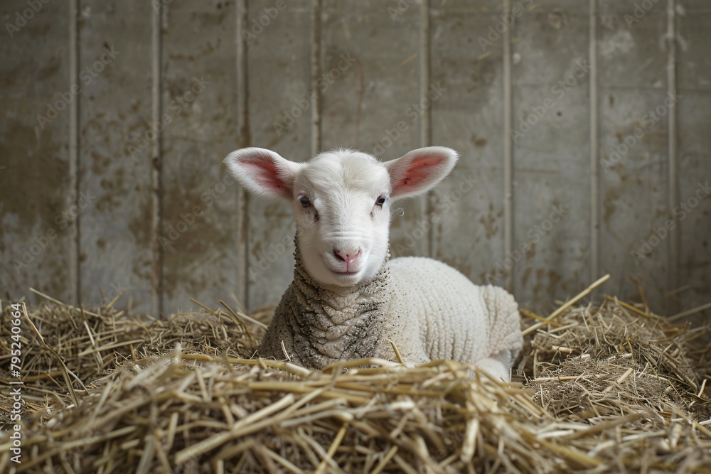 Frontal view of a young lamb in a shed with cement walls and straw bedding. Ideal for agricultural or livestock-related promotions with ample copy space on the right Frontal view of a young lamb in a shed with cement walls and straw bedding. Ideal for agricultural or livestock-related promotions with ample copy space on the right