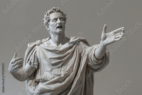 A sculpture of a Roman senator in oration, authoritative and expressive, set against a governance grey pastel background, representing leadership and rhetoric photo