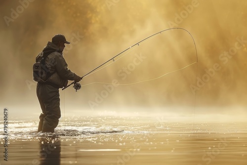 Fly fisherman in river casting line, actively catching fish in serene natural setting