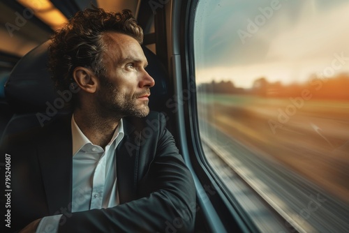 An image of a businessman looking pensively out of the window during a high-speed train journey