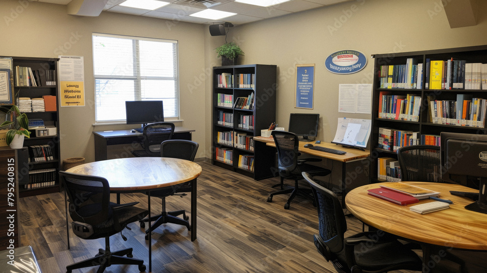 A library with a lot of books and a few computers