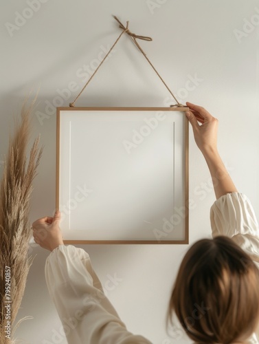 Woman Hanging Blank Frame on Wall with Decor © Оксана Олейник