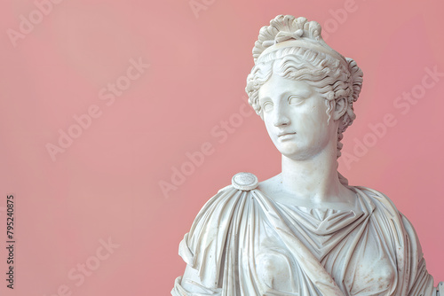A sculpted figure of a Roman empress, regal and poised, isolated on a royalty pink pastel background, highlighting elegance and authority