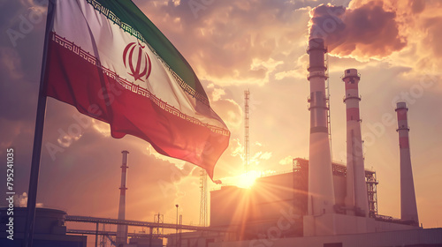 Iranian flag flying amidst industrial landscape: concept of Iran's nuclear program photo