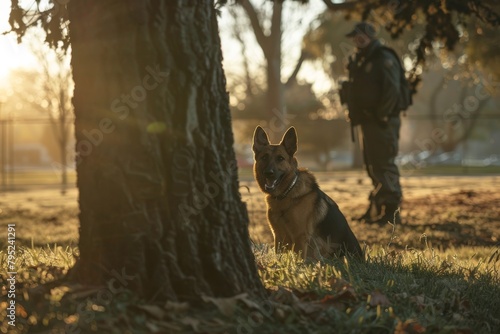 A well-trained German Shepherd sits patiently in a sun-drenched park waiting as the blurred figure of a police officer approaches in the background photo