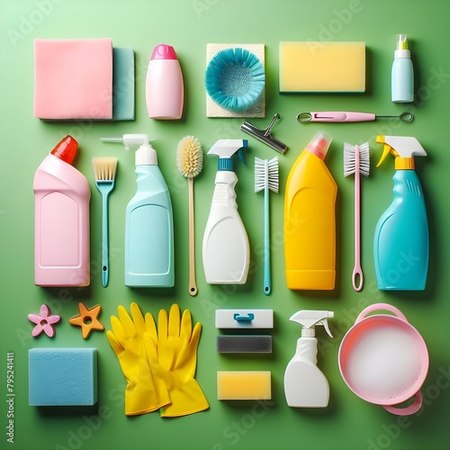 Recycled materials from different plastics with gloves and spray bottles on a green background