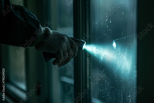 Gloved hand holding a flashlight shines light on a glass surface revealing raindrops in the dark