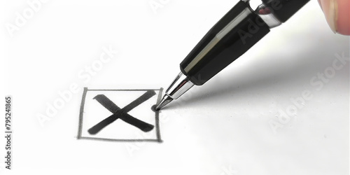 close up a pen writing on paper with cross marks icon isolated white background,cancel symbol