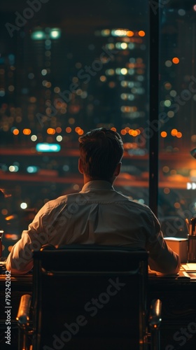 Solitary Man Contemplating Bustling Night Cityscape