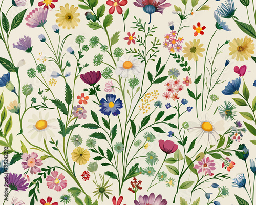 Seamless pattern with colorful wildflowers.  Colorful flowers