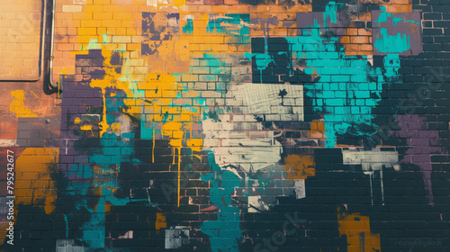 Splashes of paint on a brick wall, with a mix of bold and subtle colors, creating an urban art vibe, the scene is set in an 