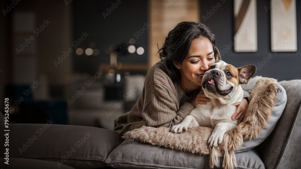 woman sitting on sofa with dog created with Generative AI technology