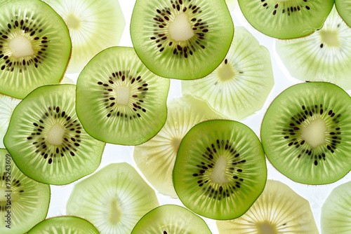An enchanting image capturing the juiciness and freshness of Kiwi slices, their vivid colors popping against the simplicity of white.