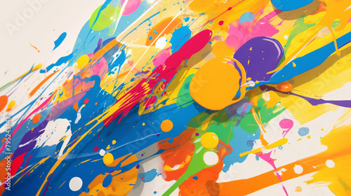 Splashes of paint on a wooden surface, with a variety of bright 