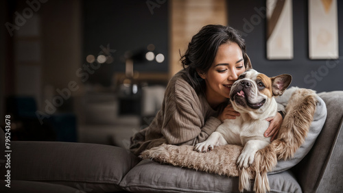 Obraz na płótnie woman sitting on sofa with dog created with Generative AI technology w salonie
