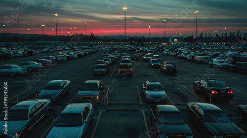 A busy parking lot with many cars and a beautiful sunset in the background photo