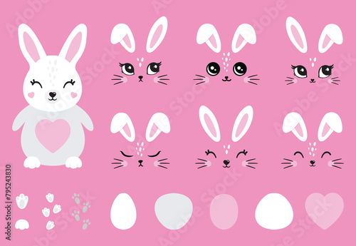 Cute white bunny easter cartoon kit set. Collection of design objects: ears, faces, different emotions, tummies, eyes, mustaches, noses isolated on pink background. Vector illustration. Hare, rabbit 